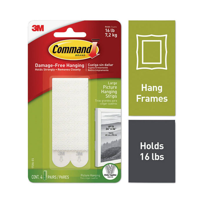 Damage-Free Hanging Picture Hanging Strip Pairs, Holds Up to 4 lb, Large: 0.75" x 3.65", White, 4/Pack
