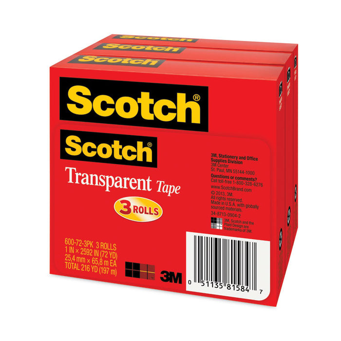 Transparent Tape, 3" Core, 1" x 72 yds, 3/Pack