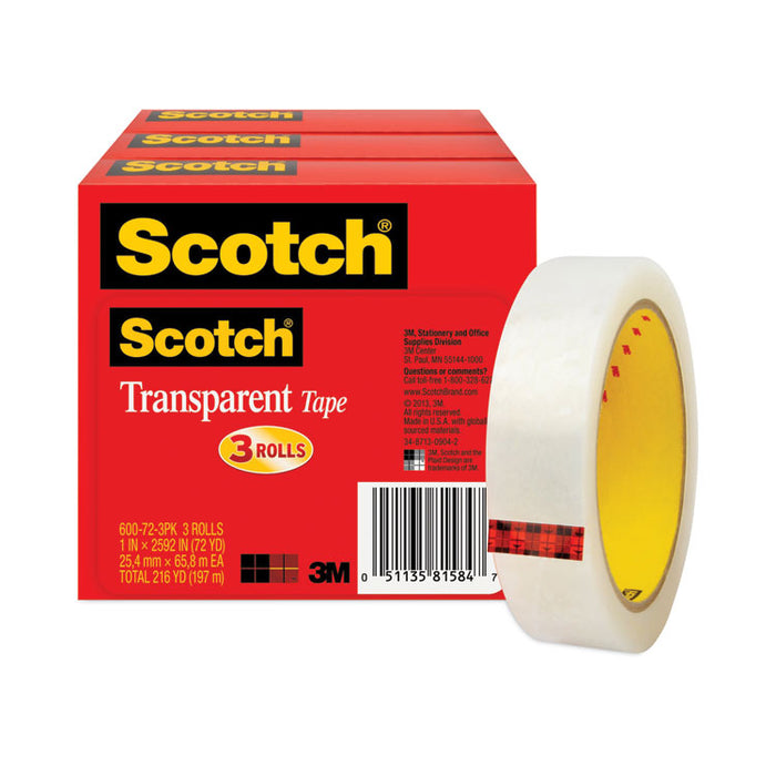 Transparent Tape, 3" Core, 1" x 72 yds, 3/Pack