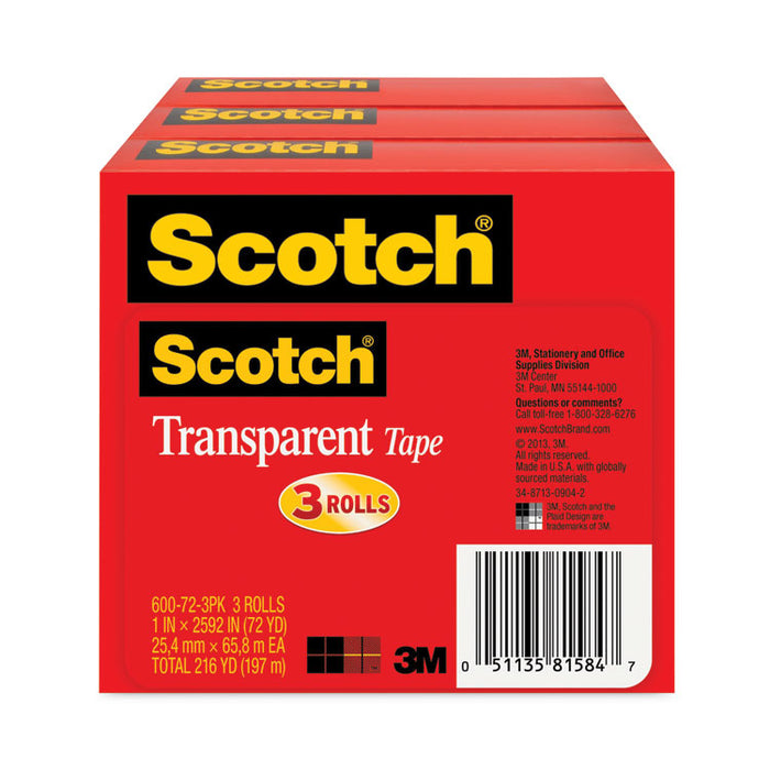 Transparent Tape, 3" Core, 1" x 72 yds, 3/Pack
