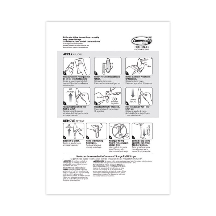 Adhesive Mount Metal Hook, Large, Brushed Nickel Finish, 5 lb Capacity, 1 Hook and 2 Strips/Pack
