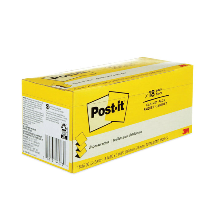 Original Canary Yellow Pop-up Refill Cabinet Pack, 3" x 3", Canary Yellow, 90 Sheets/Pad, 18 Pads/Pack