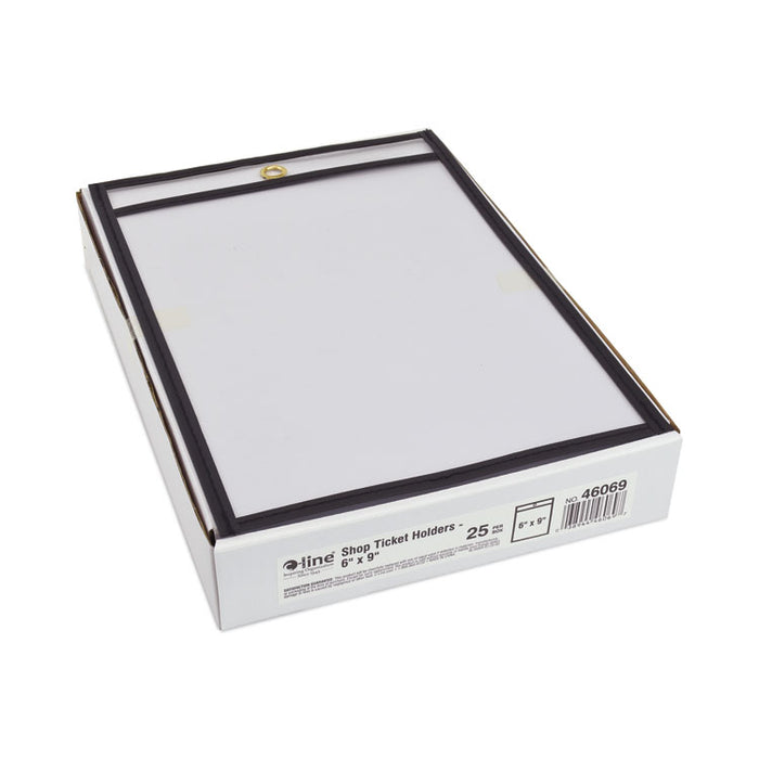 Stitched Shop Ticket Holders, Super Heavy-Duty, Top Load 6 x 9 Insert, Clear Front, Black Border, 25/Box