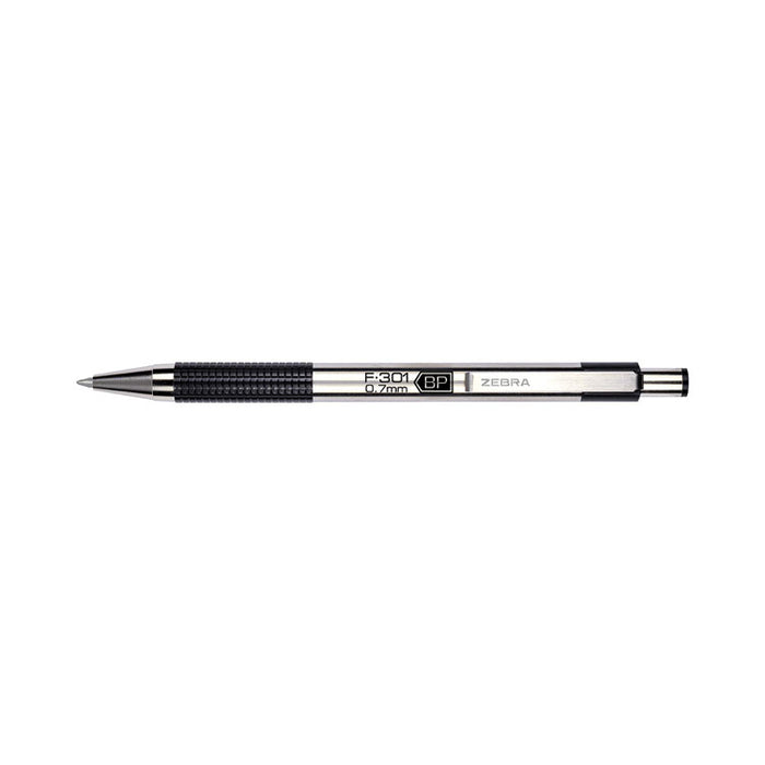 F-301 Ballpoint Pen, Retractable, Fine 0.7 mm, Black Ink, Stainless Steel/Black Barrel, 2/Pack