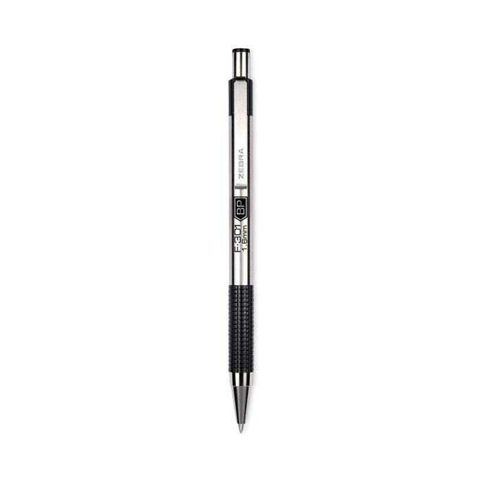 F-301 Ballpoint Pen, Retractable, Bold 1.6 mm, Black Ink, Stainless Steel/Black Barrel, 12/Pack