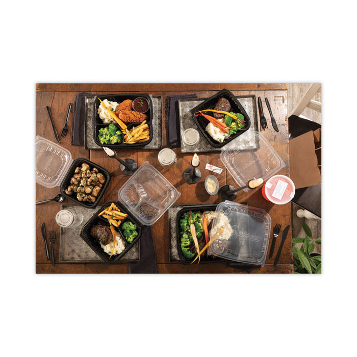 EarthChoice Vented Dual Color Microwavable Hinged Lid Container, 3-Compartment Base/Lid, 54 oz, Black/Clear, Plastic, 132/CT