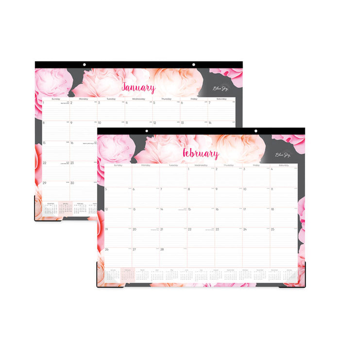 Joselyn Desk Pad, Rose Artwork, 22 x 17, White/Pink/Peach Sheets, Black Binding, Clear Corners, 12-Month (Jan to Dec): 2026