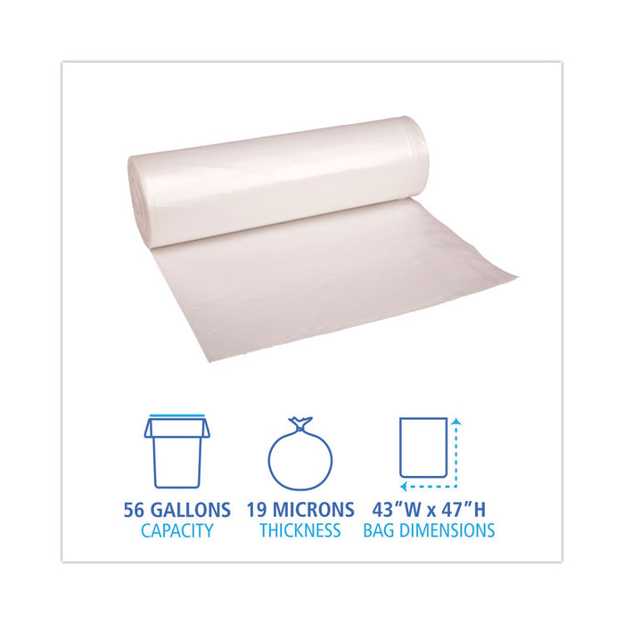 High-Density Can Liners, 56 gal, 19 mic, 43" x 47", Natural, Perforated Roll, 25 Bags/Roll, 6 Rolls/Carton