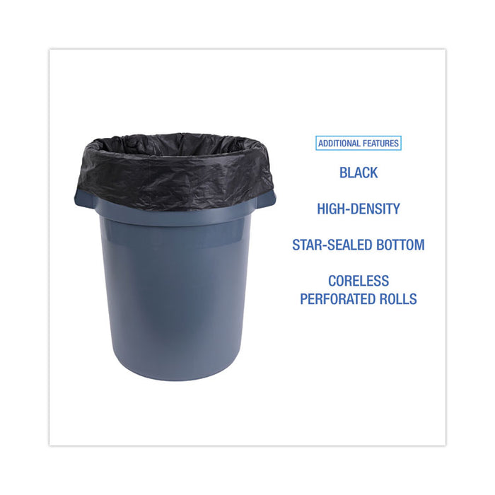 High-Density Can Liners, 56 gal, 19 mic, 43" x 47", Black, Perforated Roll, 25 Bags/Roll, 6 Rolls/Carton