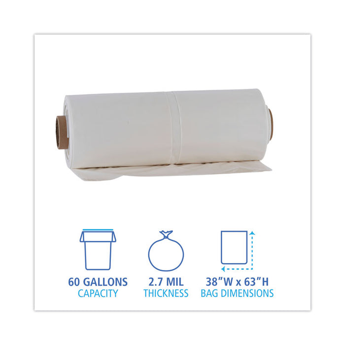 Industrial Can Liner Rolls, 60 gal, 2.7 mil, 21" x 17" x 63", Clear, 50/Carton
