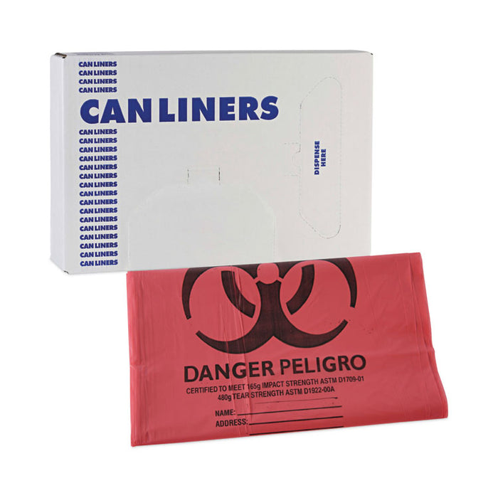 Linear Low Density Health Care Trash Can Liners, 45 gal, 1.3 mil, 40" x 46", Red, Flat Pack, 100/Carton