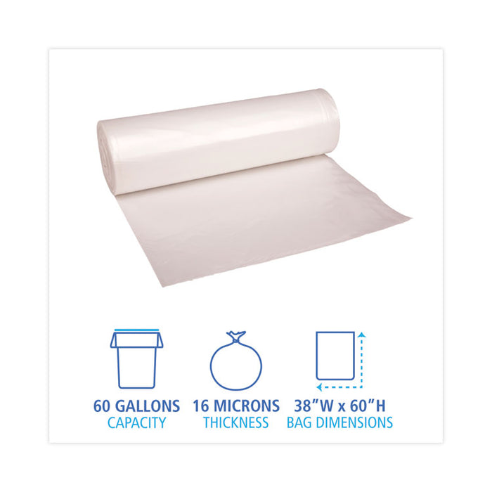 High Density Industrial Can Liners Coreless Rolls, 60 gal, 16 mic, 38" x 60", Natural, Perforated, 25 Bags/Roll, 8 Rolls/CT