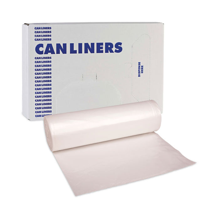 High Density Industrial Can Liners Coreless Rolls, 45 gal, 13 mic, 40" x 48", Natural, Perforated, 25 Bags/Roll, 10 Rolls/CT