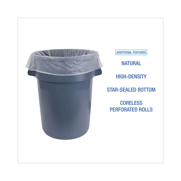 High Density Industrial Can Liners Coreless Rolls, 45 gal, 16 mic, 40" x 48", Natural, Perforated, 25 Bags/Roll, 10 Rolls/CT