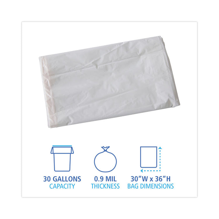 Linear Low Density Industrial Can Liners, 30 gal, 0.9 mil, 30" x 36", White, Flat Pack, 100/Carton