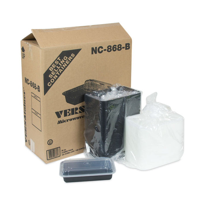 Newspring VERSAtainer Microwavable Containers, 28 oz, 8.8 x 6 x 2, Black Base/Clear Lid, Plastic, 150/Carton