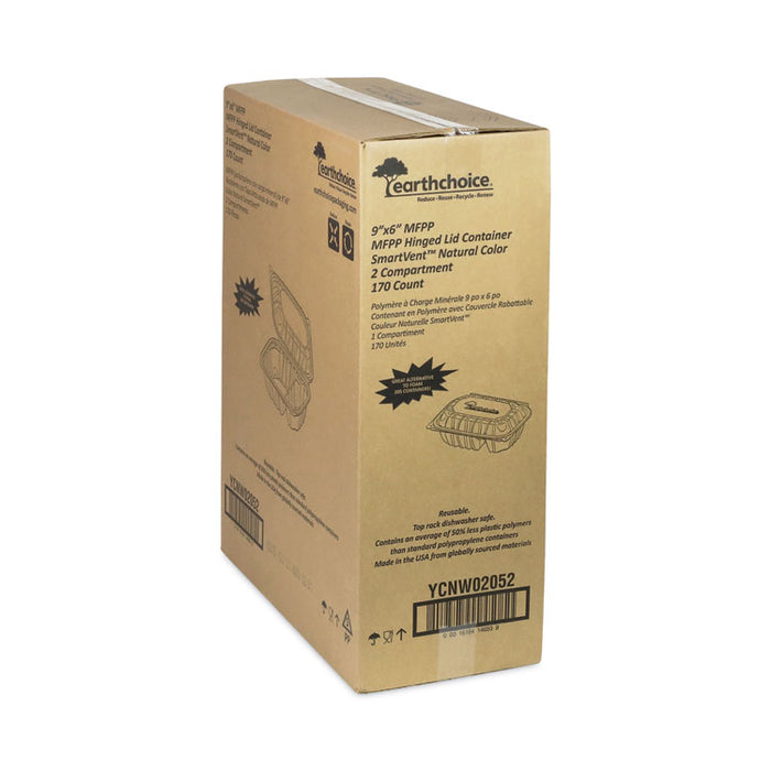 EarthChoice Vented Microwavable MFPP Hinged Lid Container, 2 Compartments, 9 x 6 x 3.1, White, Plastic, 170/Carton