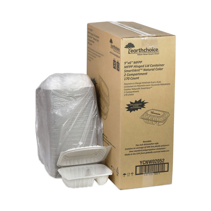 EarthChoice Vented Microwavable MFPP Hinged Lid Container, 2 Compartments, 9 x 6 x 3.1, White, Plastic, 170/Carton