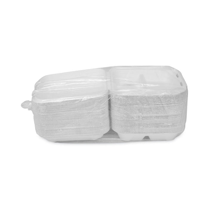 EarthChoice Bagasse Hinged Lid Container, 3 Compartments, Dual Tab Lock, 7.8 x 7.8 x 2.8, Natural, Sugarcane, 150/Carton