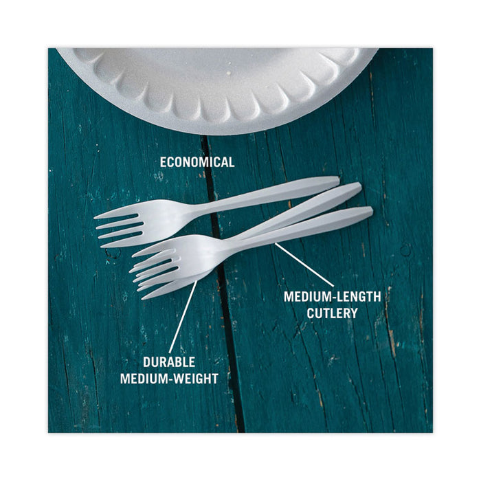 Fieldware Cutlery, Mediumweight Fork, Plastic, White, 1,000/Carton