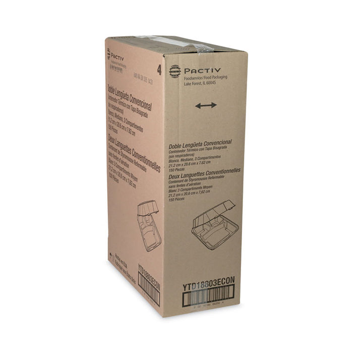 Vented Foam Hinged Lid Container, Dual Tab Lock Economy, 3 Compartments, 8.4 x 8 x 3, White, 150/Carton