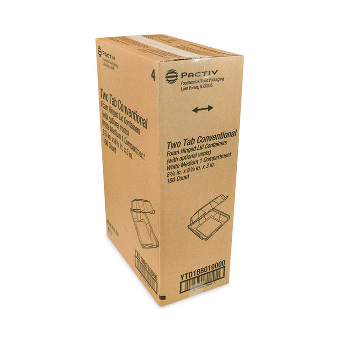 Vented Foam Hinged Lid Container, Dual Tab Lock, 8.4 x 8 x 3, White, 150/Carton
