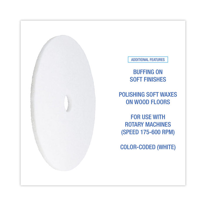 Polishing Floor Pads, 21" Diameter, White, 5/Carton
