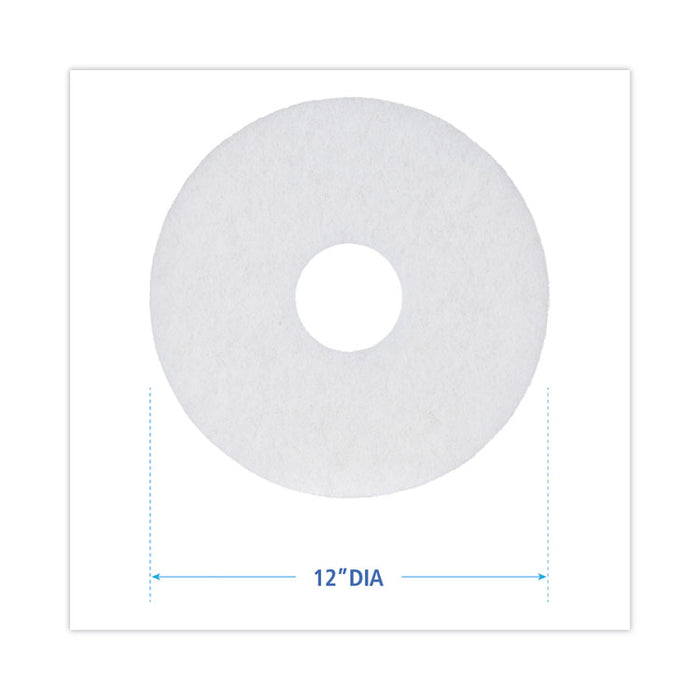Polishing Floor Pads, 12" Diameter, White, 5/Carton