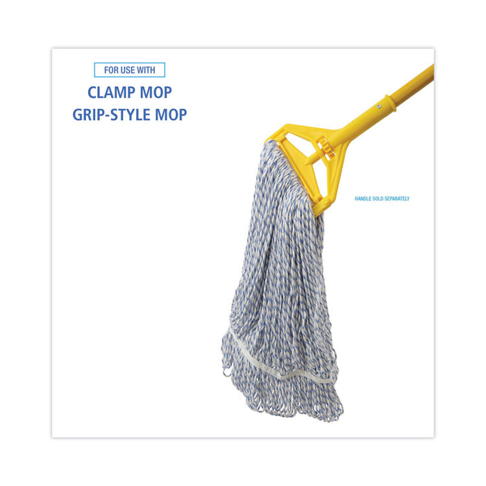 Floor Finish Mop Head, Narrow, Rayon/Polyester, Large, White/Blue Stripes, 12/Carton