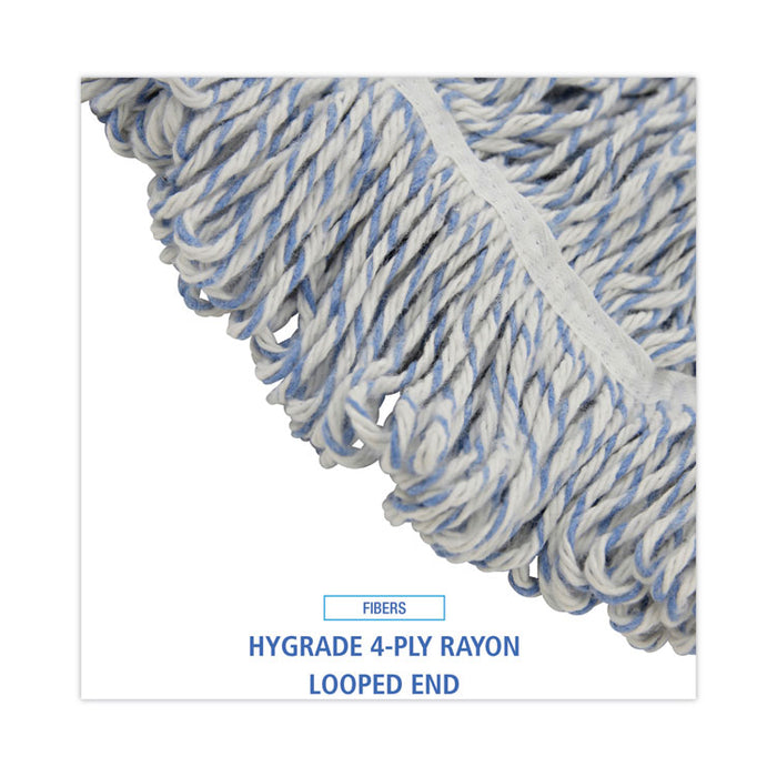 Floor Finish Mop Head, Wide, Rayon/Polyester, Large, White/Blue Stripes, 12/Carton