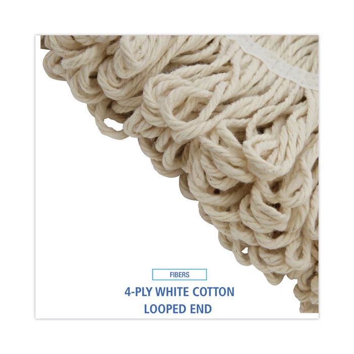 Mop Head, Lie-Flat Head, Cotton Fiber, 24 oz, White, 12/Carton