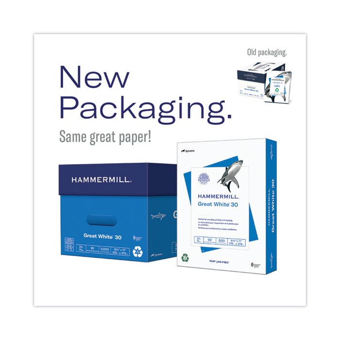 Great White 30 Recycled Print Paper, 92 Bright, 20 lb Bond Weight, 11 x 17, White, 500/Ream