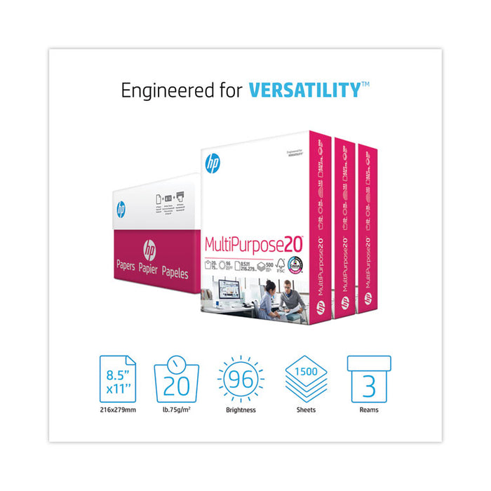 MultiPurpose20 Paper, 96 Bright, 20 lb Bond Weight, 8.5 x 11, White, 500 Sheets/Ream, 3 Reams/Carton