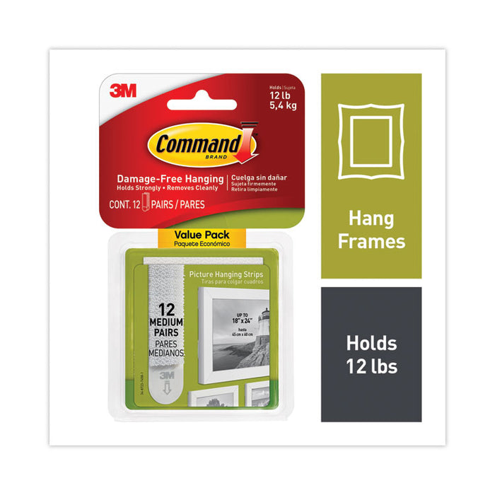 Damage-Free Hanging Picture Hanging Strip Pairs, Holds Up to 2.5 lb, Medium: 0.75" x 2.75", White, 12/Pack