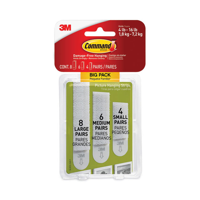 Damage-Free Hanging Picture Hanging Strip Pairs, (8) Large (3.75 lb), (6) Medium (2.5 lb), (4) Small (1.25 lb), White, 18/PK