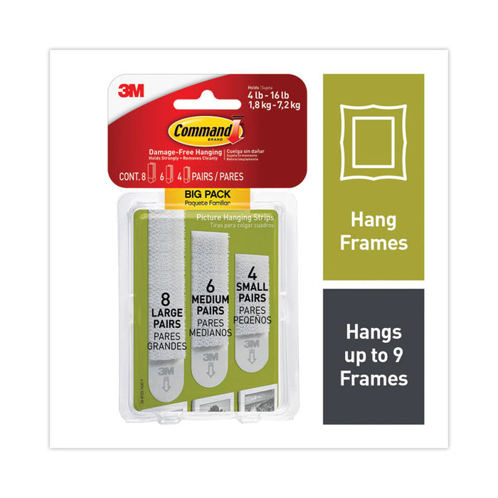 Damage-Free Hanging Picture Hanging Strip Pairs, (8) Large (3.75 lb), (6) Medium (2.5 lb), (4) Small (1.25 lb), White, 18/PK