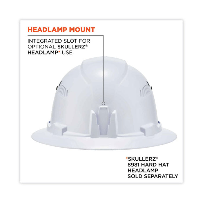 Skullerz 8973 Class C Hard Hat Full Brim, Vented, 4-Point Standard Ratchet Suspension, One Size Fits Most (6.5 to 8), White
