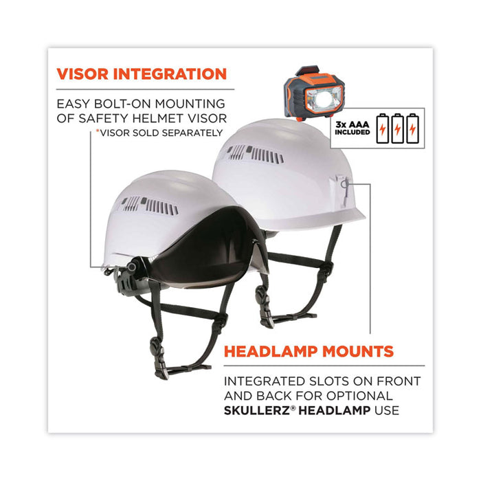 Skullerz 8975LED Class C Safety Helmet with 8981 LED Headlamp, Vented, 6-Point Ratchet Suspension, One Size Fits Most, White