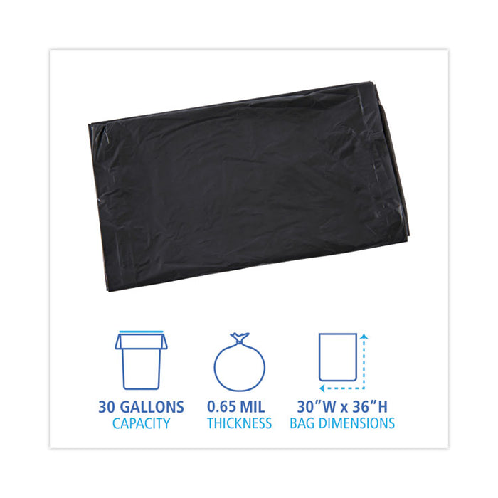 Linear Low Density Industrial Can Liners, 30 gal, 0.65 mil, 30" x 36", Black, Flat Pack, 200/Carton