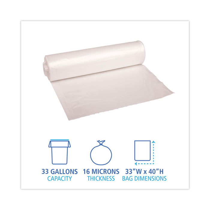 High Density Industrial Can Liners Coreless Rolls, 33 gal, 16 mic, 33" x 40", Natural, Perforated, 25 Bags/Roll, 10 Rolls/CT