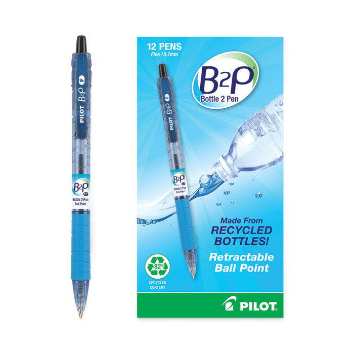 B2P Bottle-2-Pen Recycled Ballpoint Pen, Retractable, Fine 0.7 mm, Black Ink, Translucent Blue Barrel, Dozen