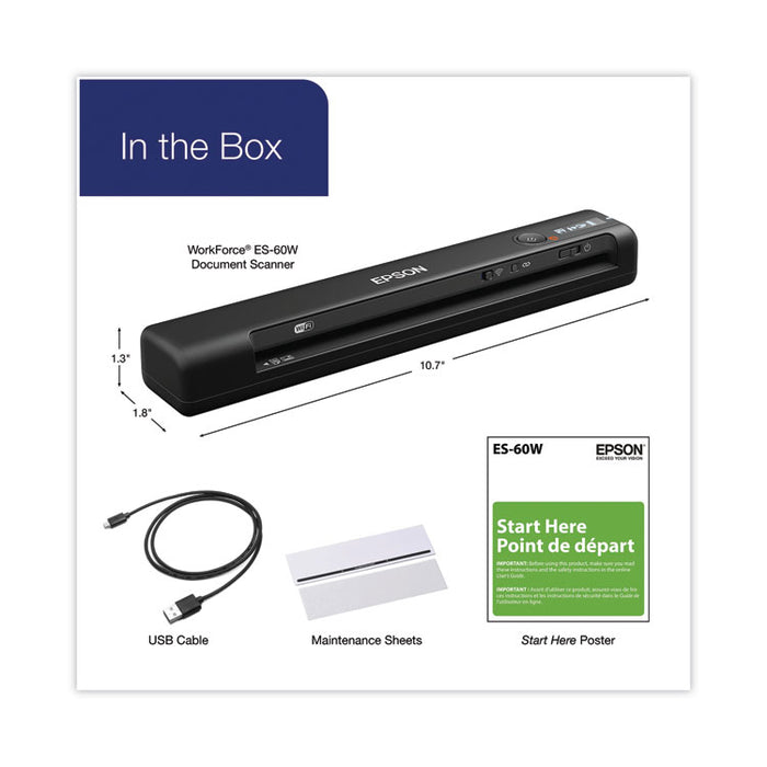 WorkForce ES-60W Wireless Scanner, Scans Up to 8.5 x 72, 600 dpi Optical Resolution