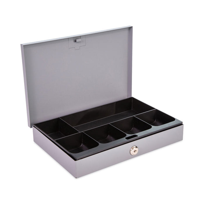 Heavy Duty Low Profile Cash Box, 6 Compartments, Key Lock, 11.5" x 8.2" x 2.2", Gray