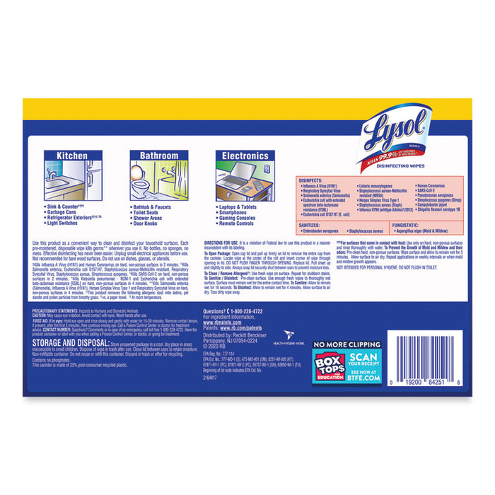 Disinfecting Wipes, 1-Ply, 7 x 7.25, Lemon and Lime Blossom, White, 80 Wipes/Canister, 3 Canisters/Pack, 2 Packs/Carton