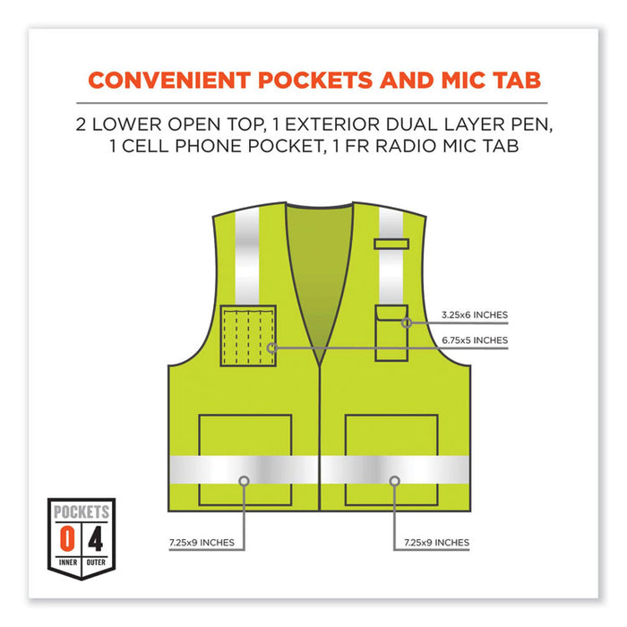 GloWear 8262FRZ Class 2 FR Surveyor Zip Vest, Tencel/Modacrylic/Para-aramid/Kevlar, 4X-Large/5X-Large, Lime
