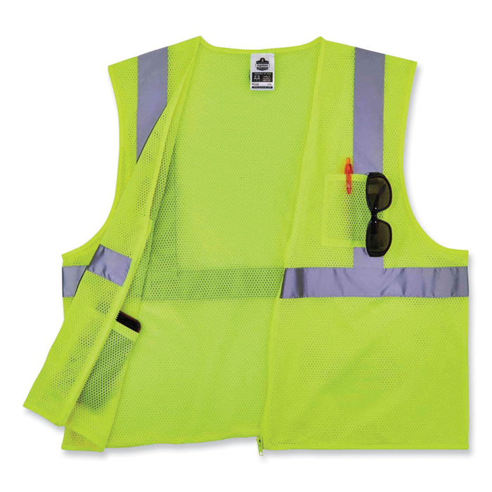 GloWear 8256Z Class 2 Self-Extinguishing Zipper Vest, Polyester, Small/Medium, Lime