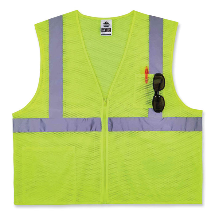 GloWear 8256Z Class 2 Self-Extinguishing Zipper Vest, Polyester, Large/X-Large, Lime
