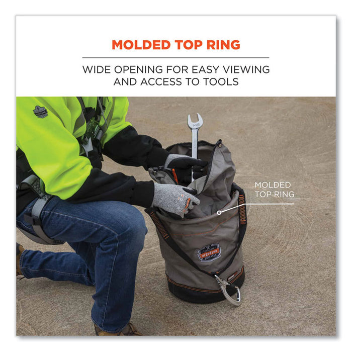 Arsenal 5976 XL Hoist Bucket Tool Bag with Swiveling Carabiner and Zipper Top, 150 lb, Gray