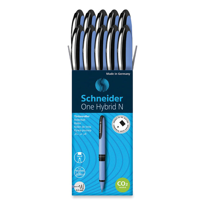 One Hybrid N Rollerball Pen, Stick, Fine 0.5 mm, Black Ink, Blue Barrel, 10/Box