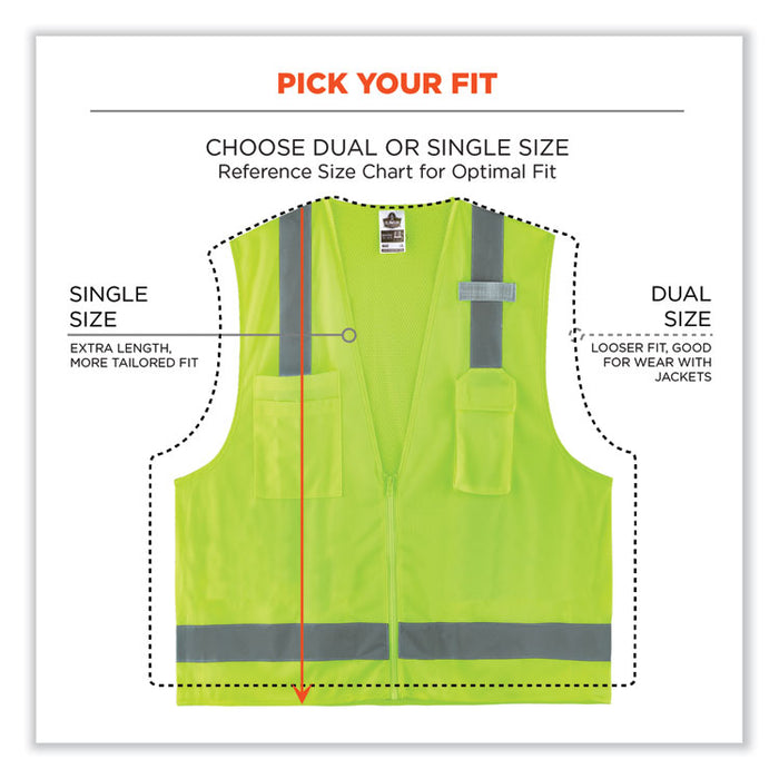 GloWear 8249Z-S Single Size Class 2 Economy Surveyors Zipper Vest, Polyester, Large, Lime
